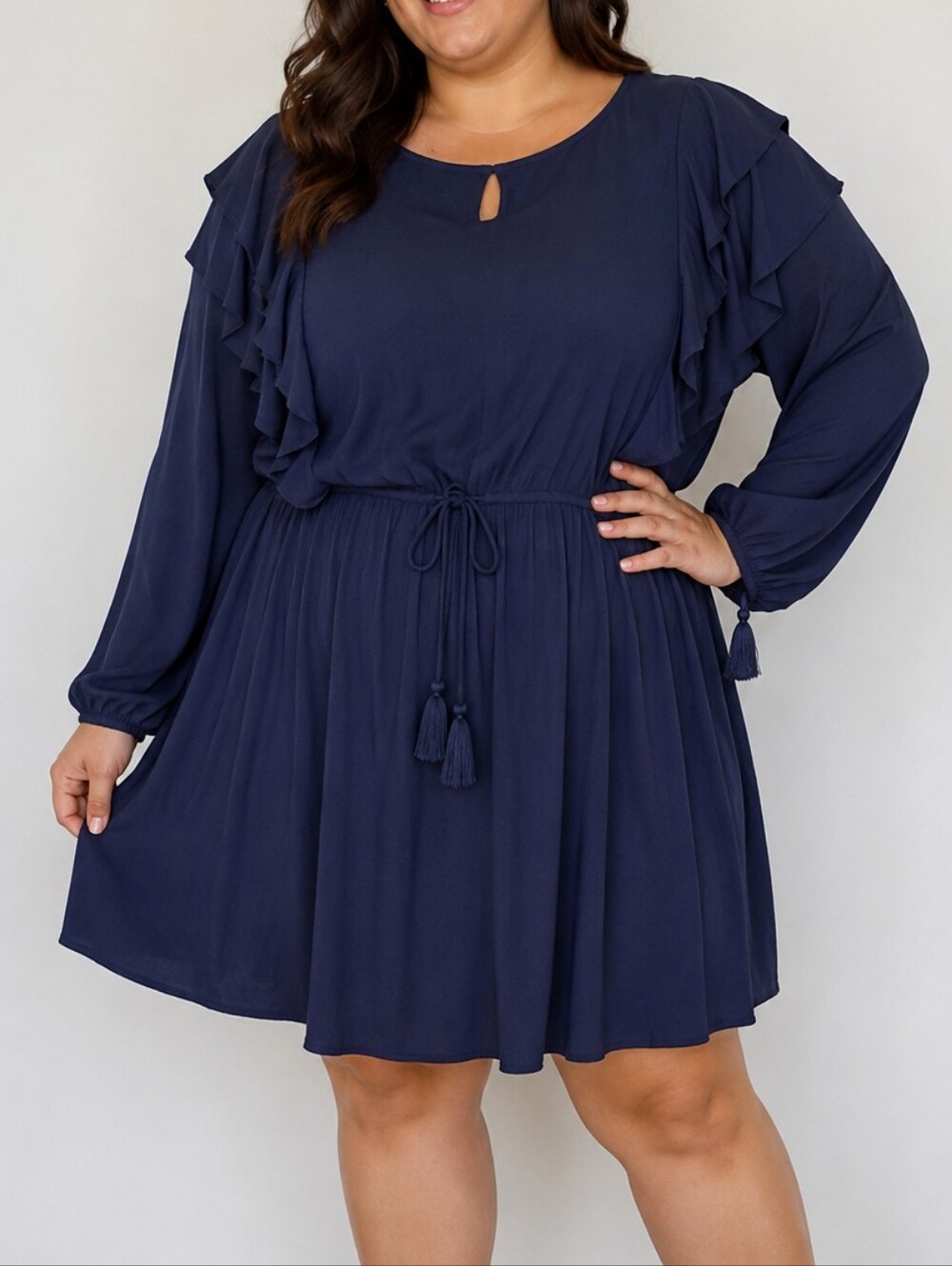 Ellison Size Large Navy Ruffle Tie-Waist Dress